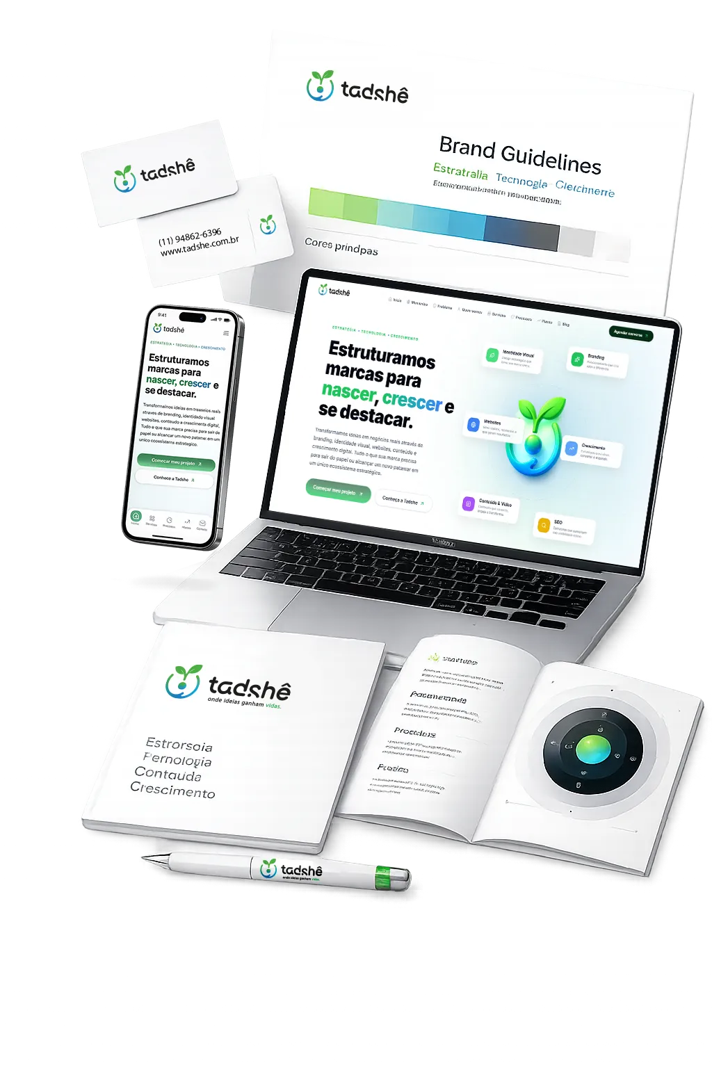 Mockup do Ecossistema Tadshe (Laptop, Celular, Papelaria)
